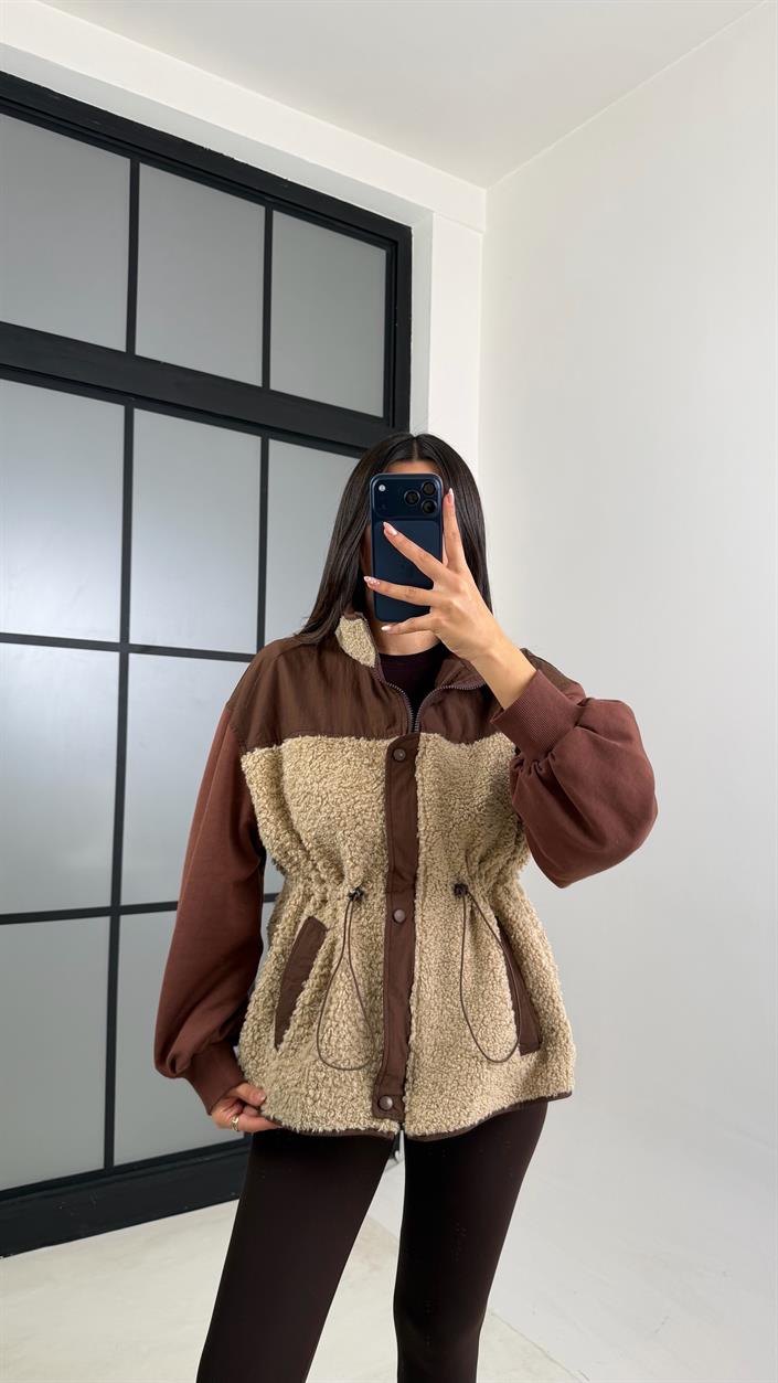 Kahve Beli Lastikli Muadil Peluş Ceket GAUS-00833