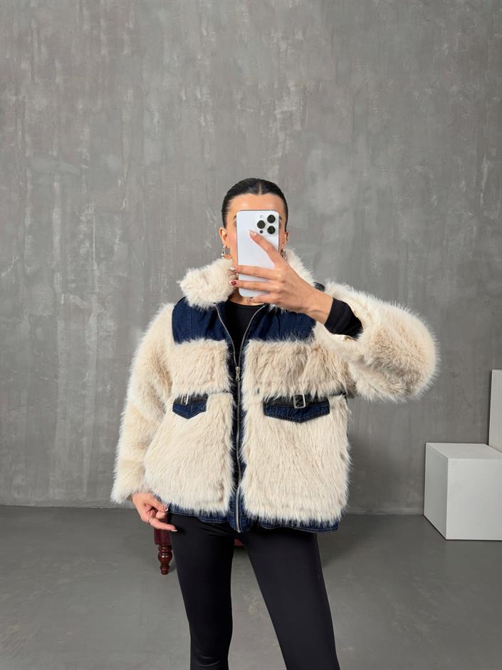 Monty Taş Peluş Kürk Denim Karışımlı Tasarım Ceket