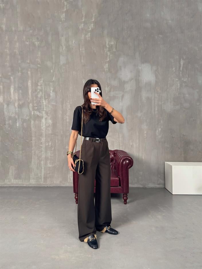 Mocha Acı Kahve Kemer Detaylı Palazzo Pantolon