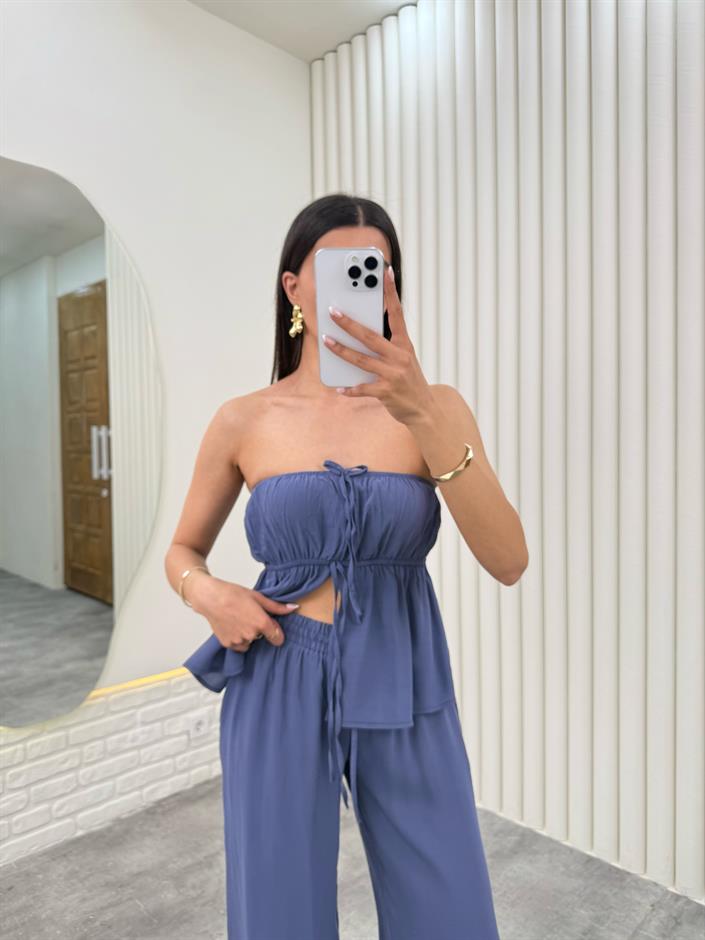 İndigo Straplez Yırtmaçlı Üst İkili Tensel Takım Gaus00275