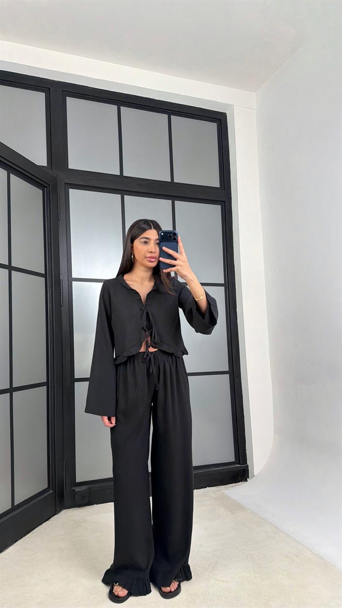 Siyah Önden Bağlamalı Gömlek Beli Lastikli Pantolon İkili Tencel Takım GAUS-01336
