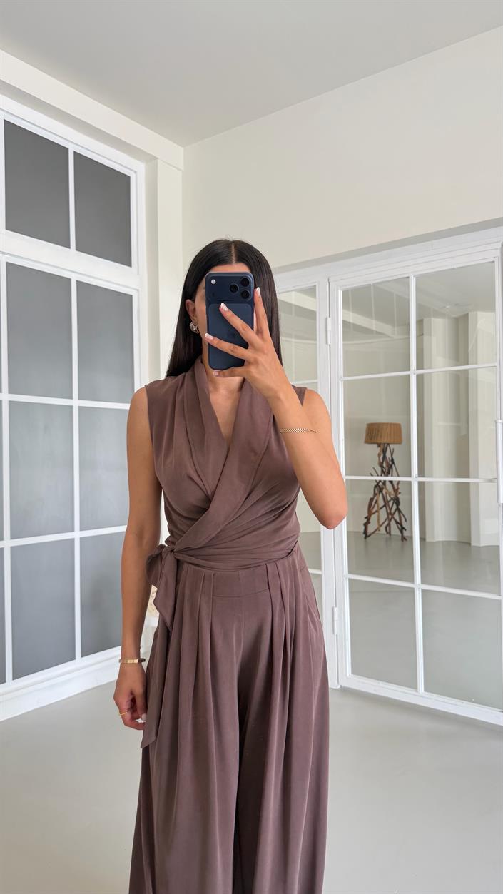 Kahve OYS Model Bağlama Detaylı Bluz Beli Lastikli Pantolon İkili Modal Takım GAUS-01662