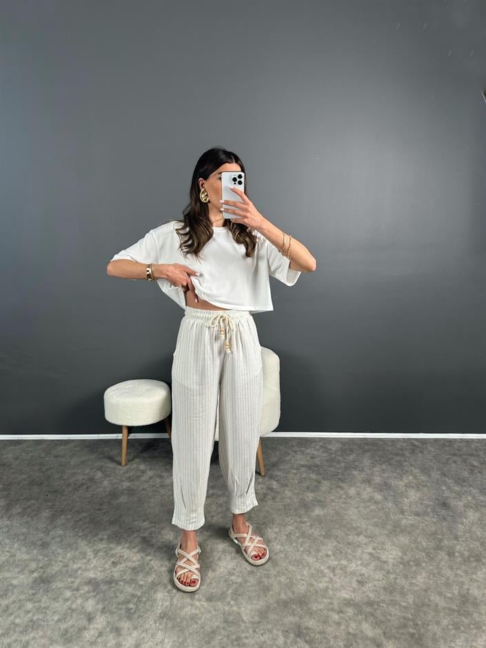 Keten Mavi Çizgili Pantolon 