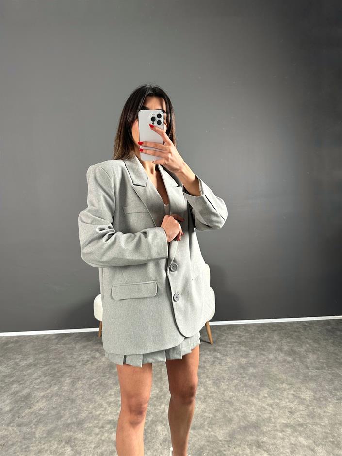 Gri Sırt Baskılı Oversize Blazer Ceket