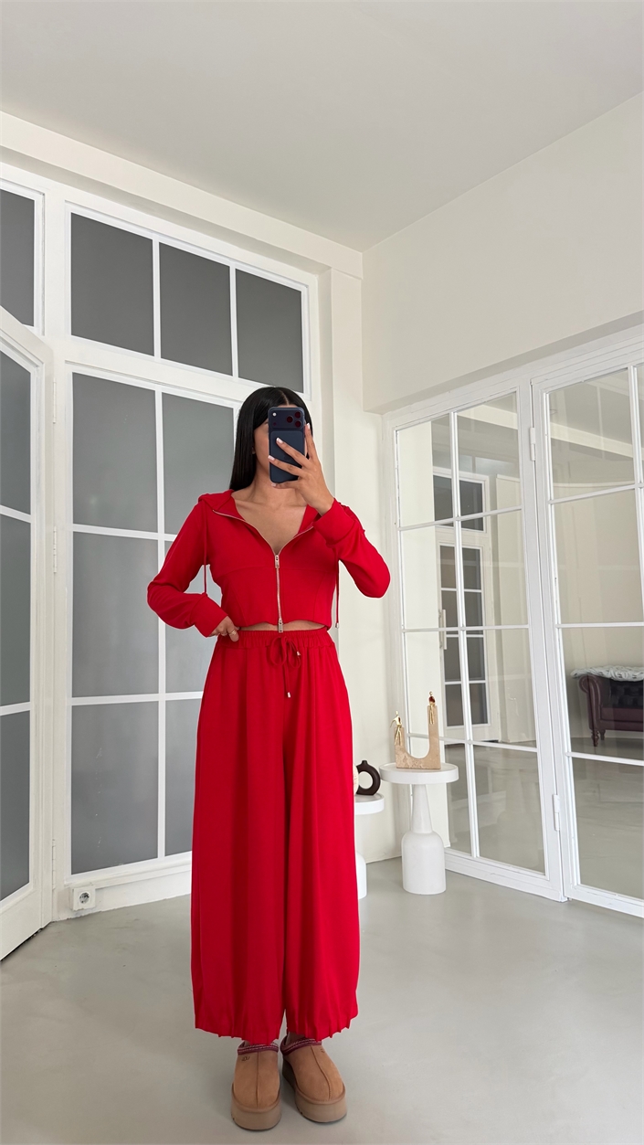 Kırmızı Kapüşonlu Hırka Beli Lastikli Geniş Paça Pantolon İkili OYS Modal Kumaş Takım GAUS-02152