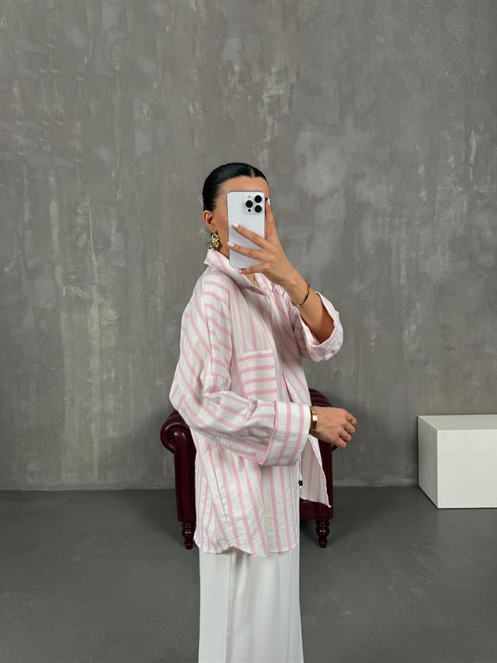 Pembe Çizgili Oversize Keten Gömlek Gaus00017