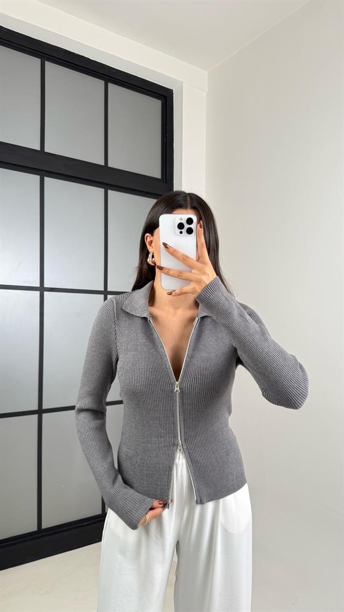 Gri Çift Fermuarlı Fitilli Hırka GAUS-00461