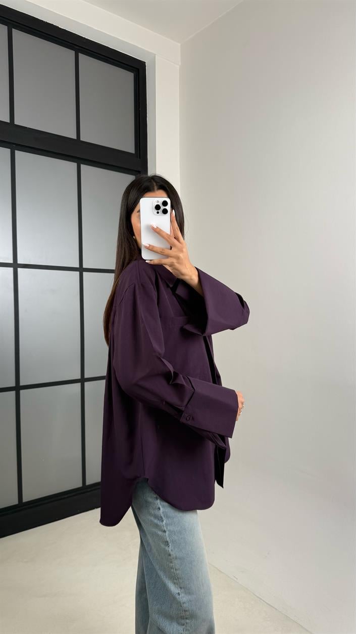 Mürdüm Gizli Düğmeli Kol Katlamalı Poplin Gömlek GAUS-00449