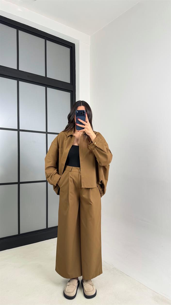 Yağ Yeşili Gömlek Beli Lastikli Pantolon İthal Kumaş Takım GAUS-00799