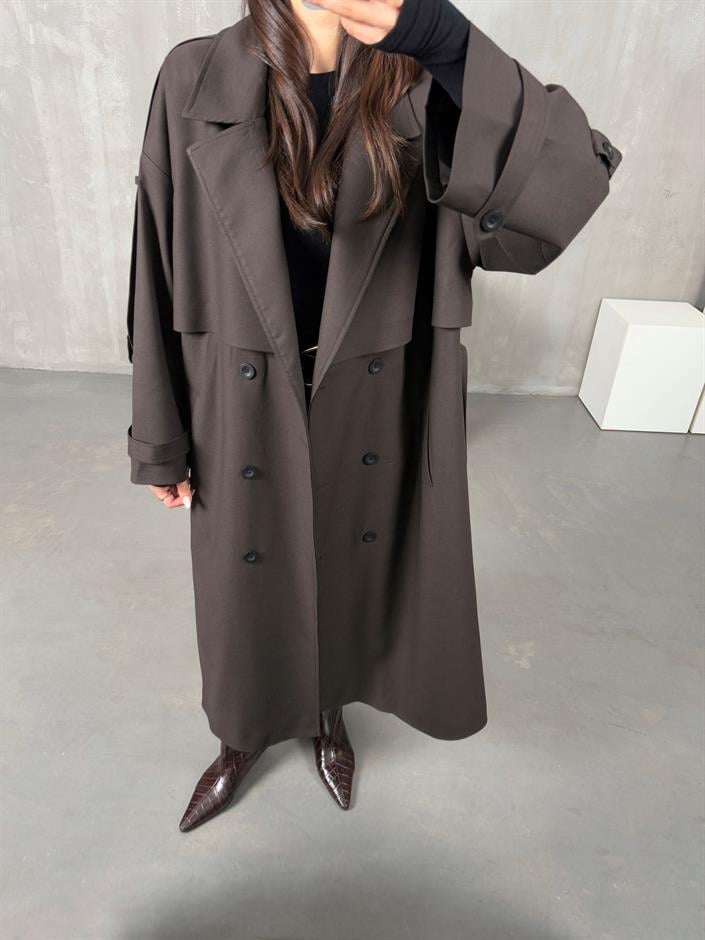 Elsa Acı Kahve Kuşaklı Poliviskon Astarlı Tasarım Premium Trençkot