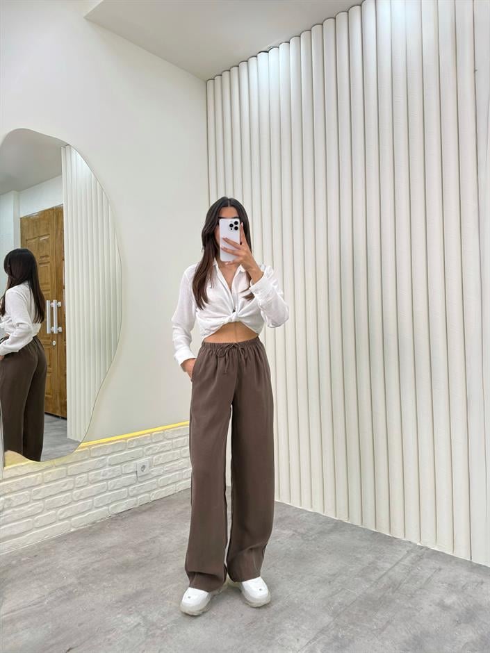 Kahve Beli Lastikli Cepli Tensel Pantolon Gaus314