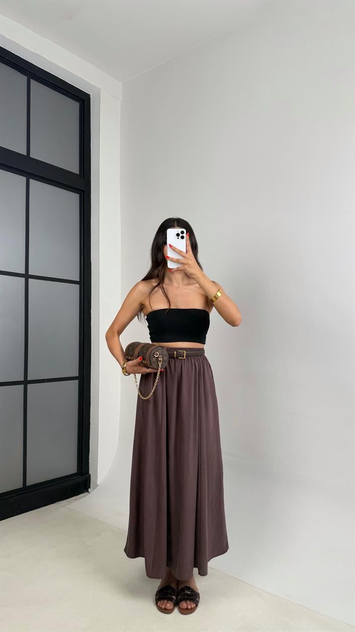 Kahve Cep Detaylı Basic Tencel Etek GAUS-0045