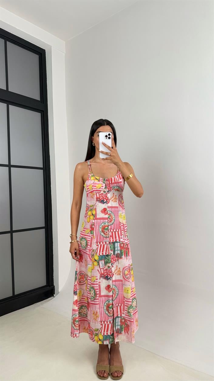 Pembe Desenli Önü Düğmeli Sırt Dekolteli Pinterest Keten Elbise Gaus00673