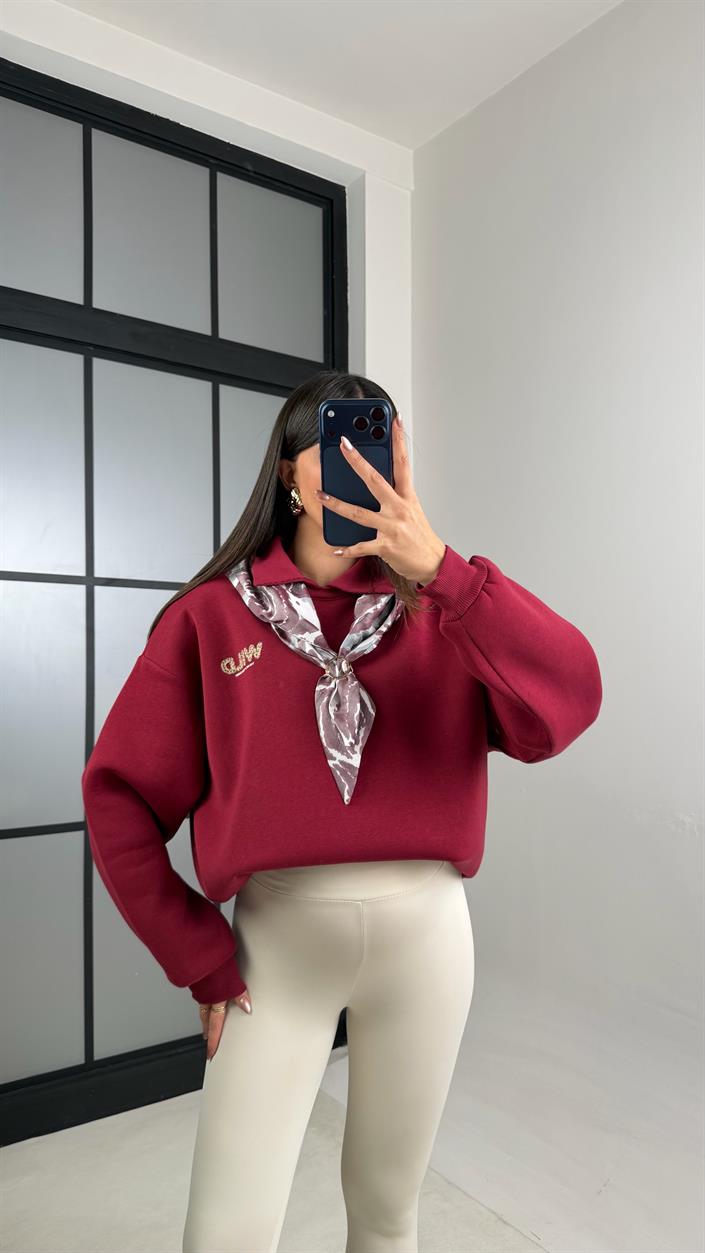 Bordo Şardonlu Fular Detaylı Sweatshirt GAUS-01078