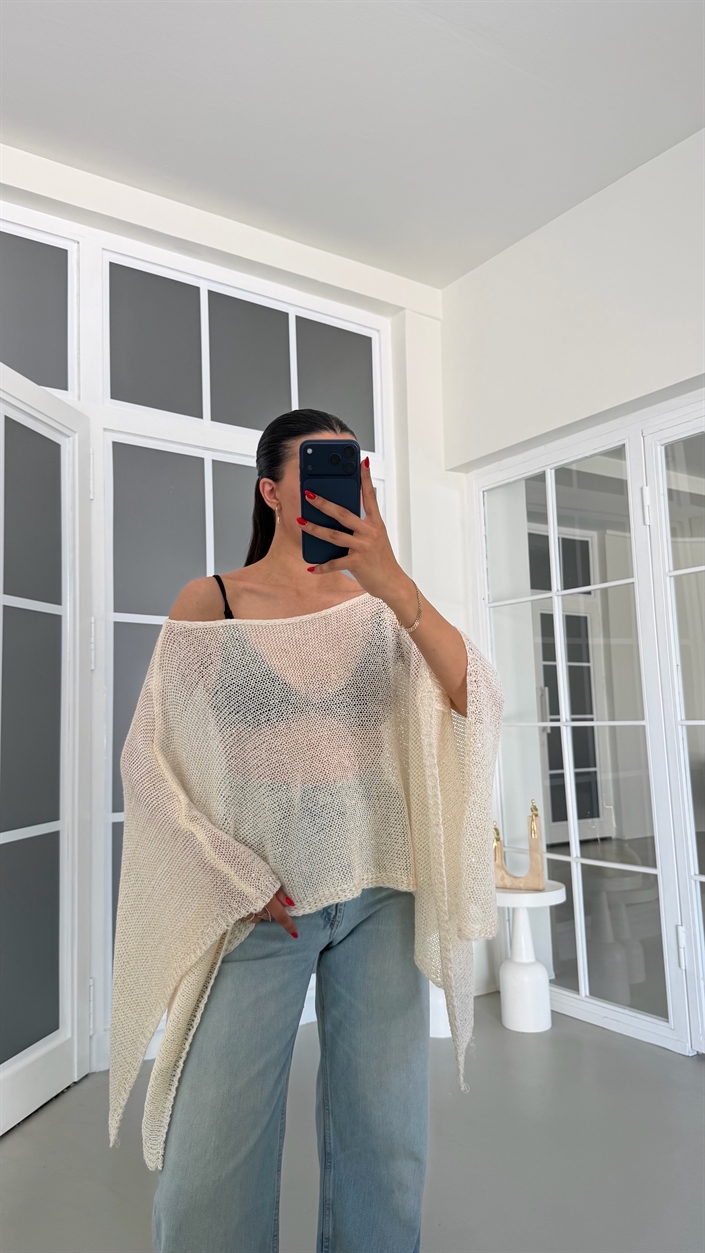Krem Asimetrik Sim Detaylı Triko Panço GAUS-01836