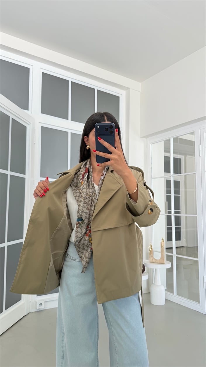 Haki Astarlı Kuşaklı Kısa Trençkot GAUS-01892