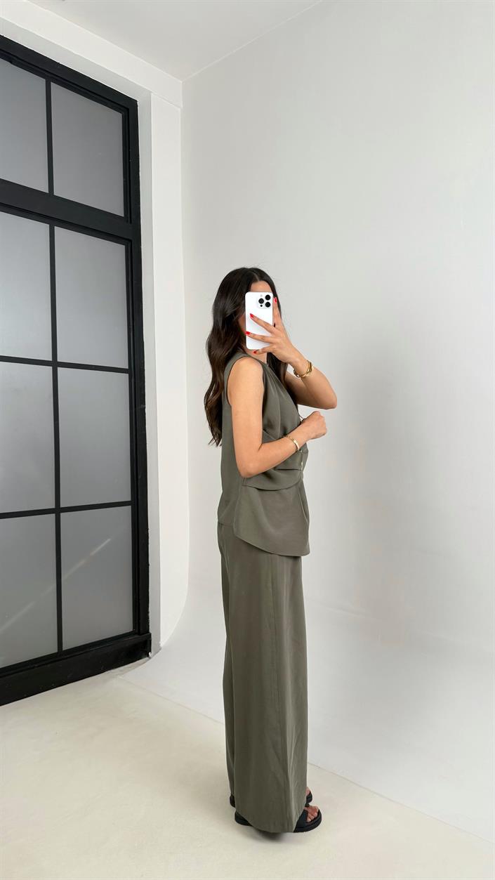 Haki Gold Detaylı Bluz Balon Pantolon İkili Tencel Takım Gaus00510