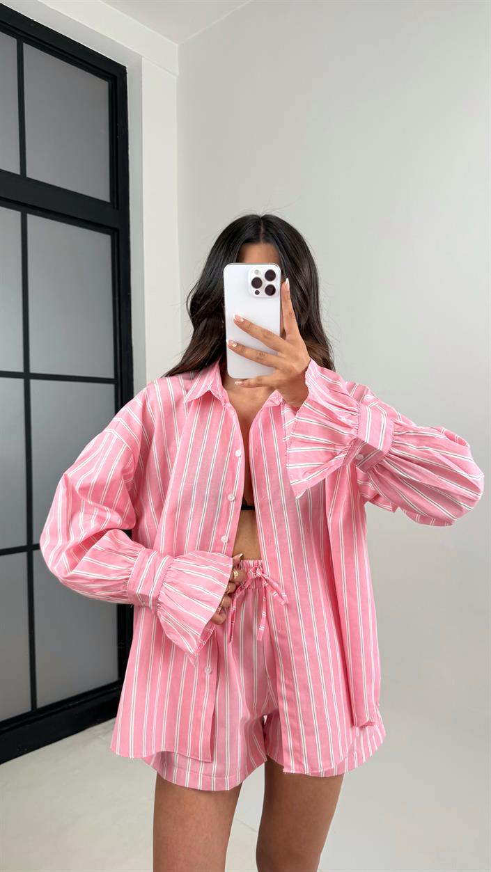 Pembe Çizgili Kol Bağlamalı Gömlek Beli Lastikli Şort İkili Takım Gaus00528
