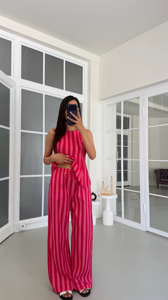 Pembe Kırmızı Çizgili Bluz Beli Lastikli Pantolon Çizgili Premium Takım GAUS-01740