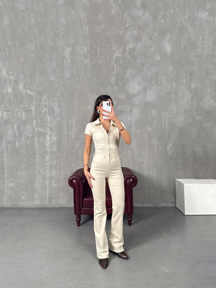 Milen Ekru Fermuarlı Gabardin Tulum