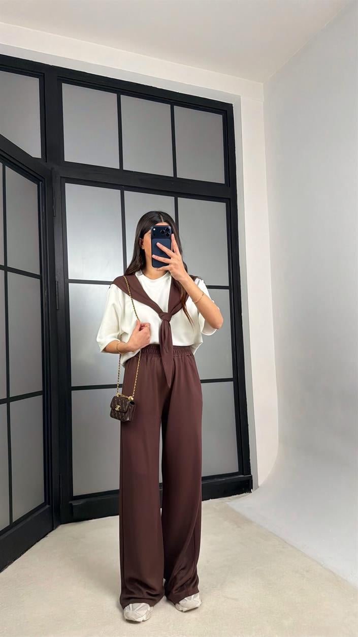 Kahve Şal Detaylı Basic Tshirt Beli Lastikli Pantolon İkili Eşofman Takımı GAUS-01284