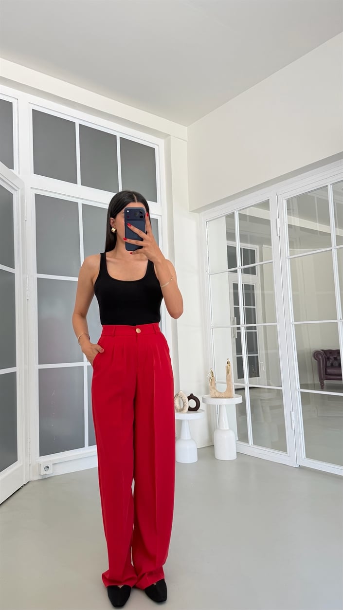 Kırmızı Gold Düğmeli Tencel Pantolon GAUS-01844