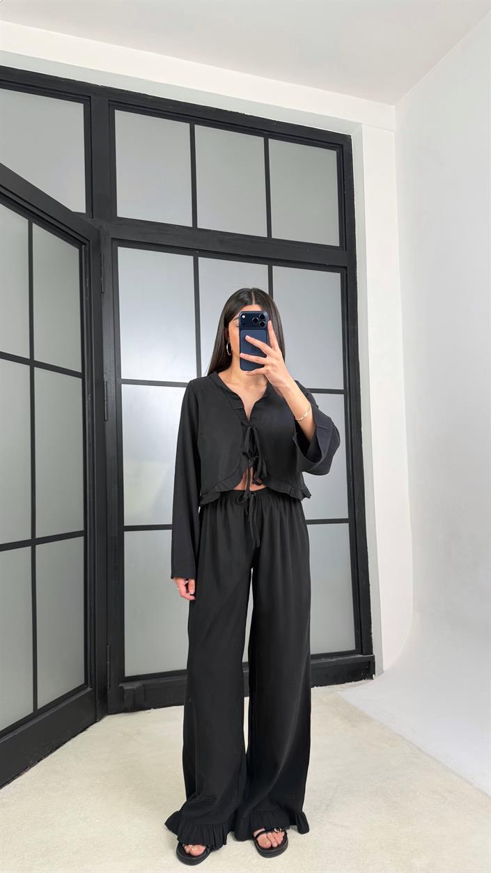 Siyah Önden Bağlamalı Gömlek Beli Lastikli Pantolon İkili Tencel Takım GAUS-01336