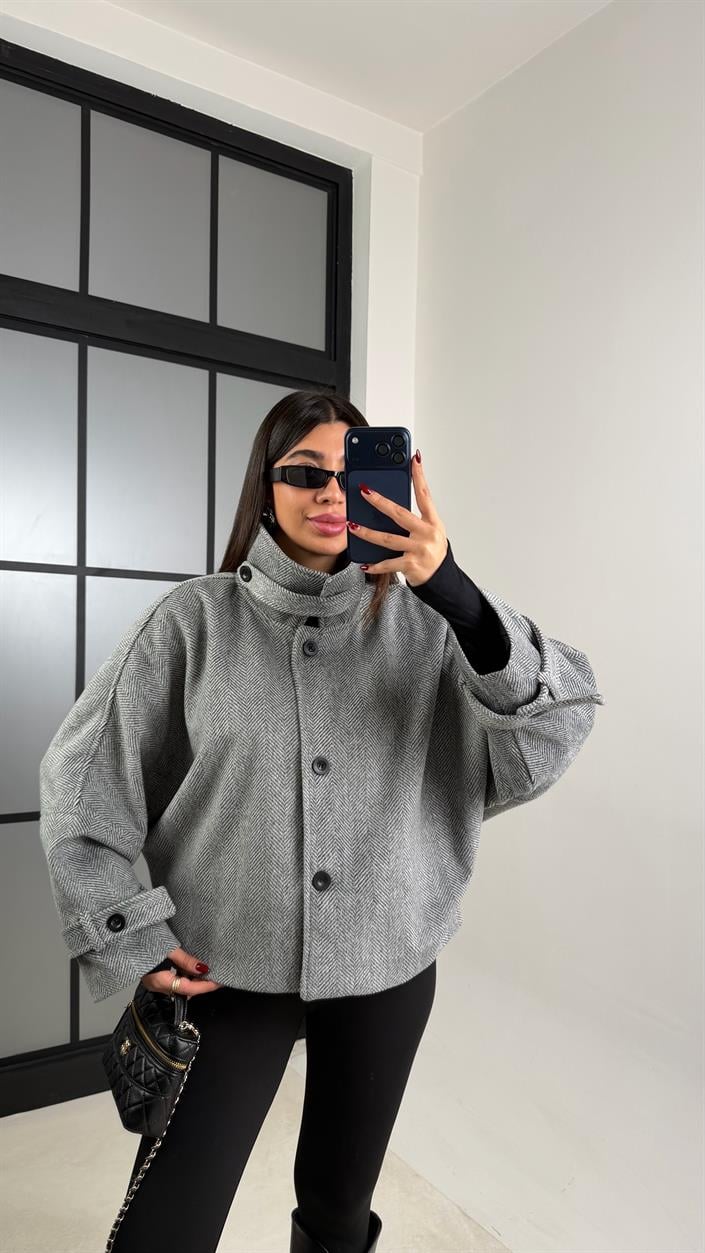 Gri Dik Yaka Balıksırtı Astarlı Kaşe Ceket GAUS-00738