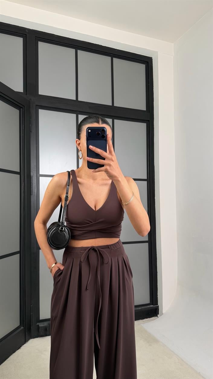Acı Kahve OYS Model Pedli  Crop Beli Lastikli Pantolon İkili Takım GAUS-01441