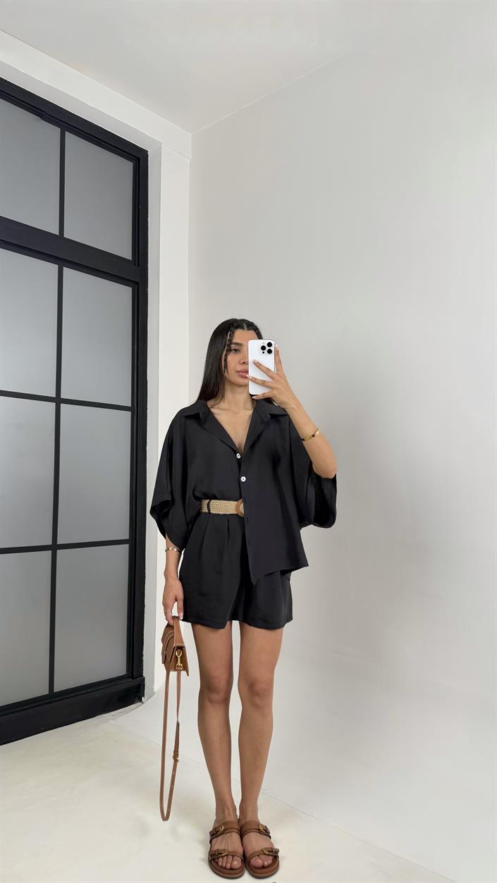 Siyah Gömlek Hasır Kemerli Şort İkili Tencel Takım Gaus00559
