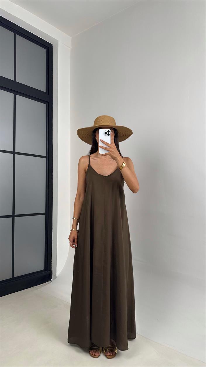 Haki Ayarlanabilir Askılı Astarlı Tencel Elbise Gaus00690