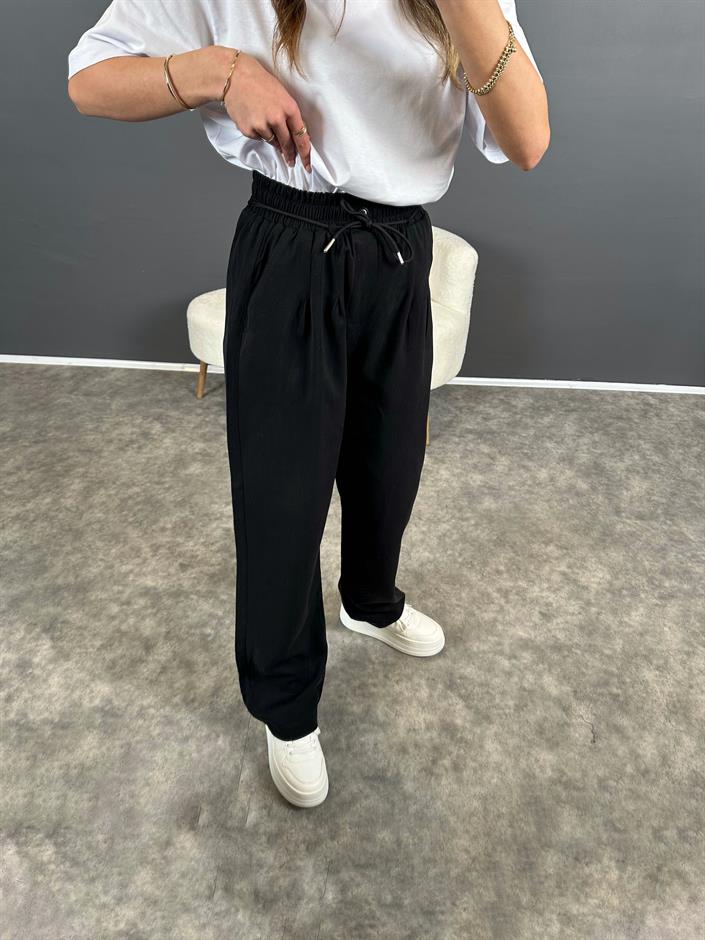 Lul Siyah Beli Lastikli İp Kemerli Tensel Pantolon