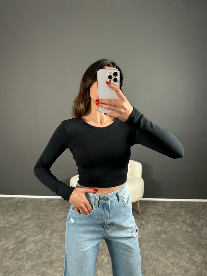 Siyah ZR Model Basic Uzun Kollu Crop