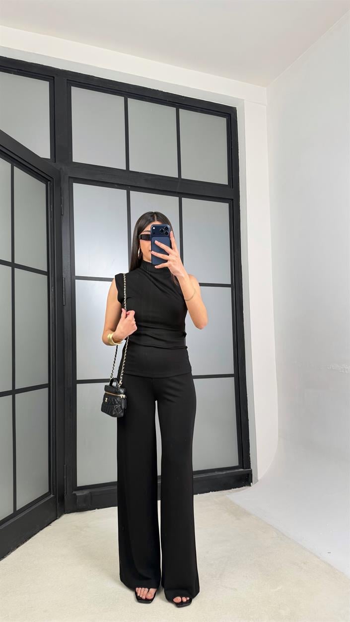 Siyah Sıfır Kol Bluz Beli Lastikli Pantolon Modal Takım GAUS-01348
