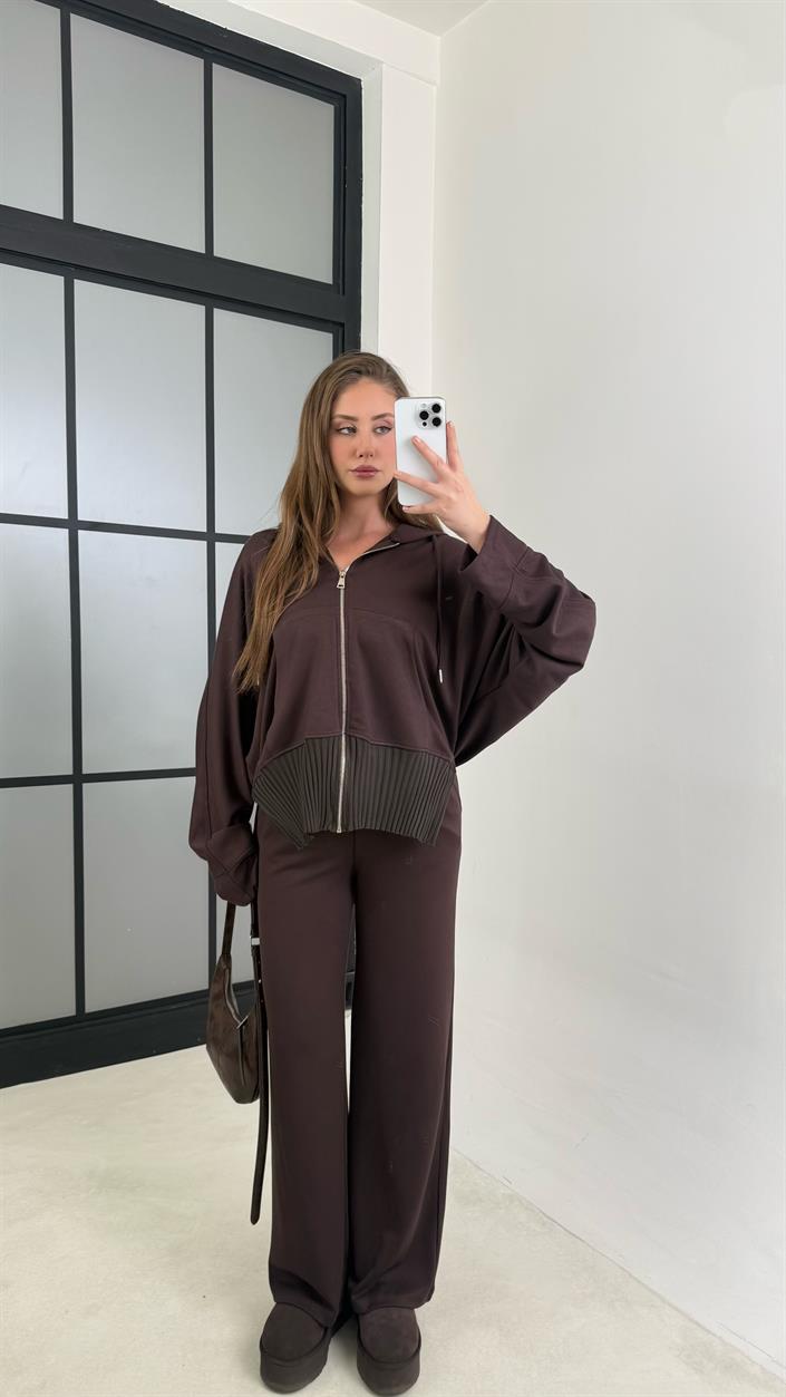 Acı Kahve Ribanalı Kapüşonlu Hırka Beli Lastikli Pantolon Modal Takım GAUS-00697