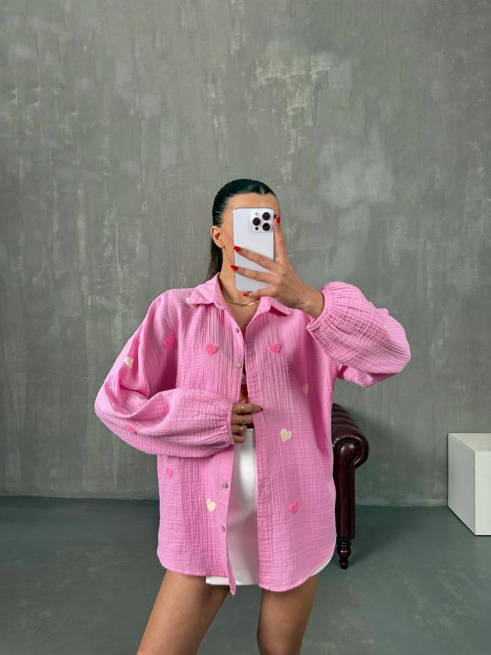 Softi Pembe Kalp Punç İşlemeli Pinterest Tasarım Müslin Gömlek