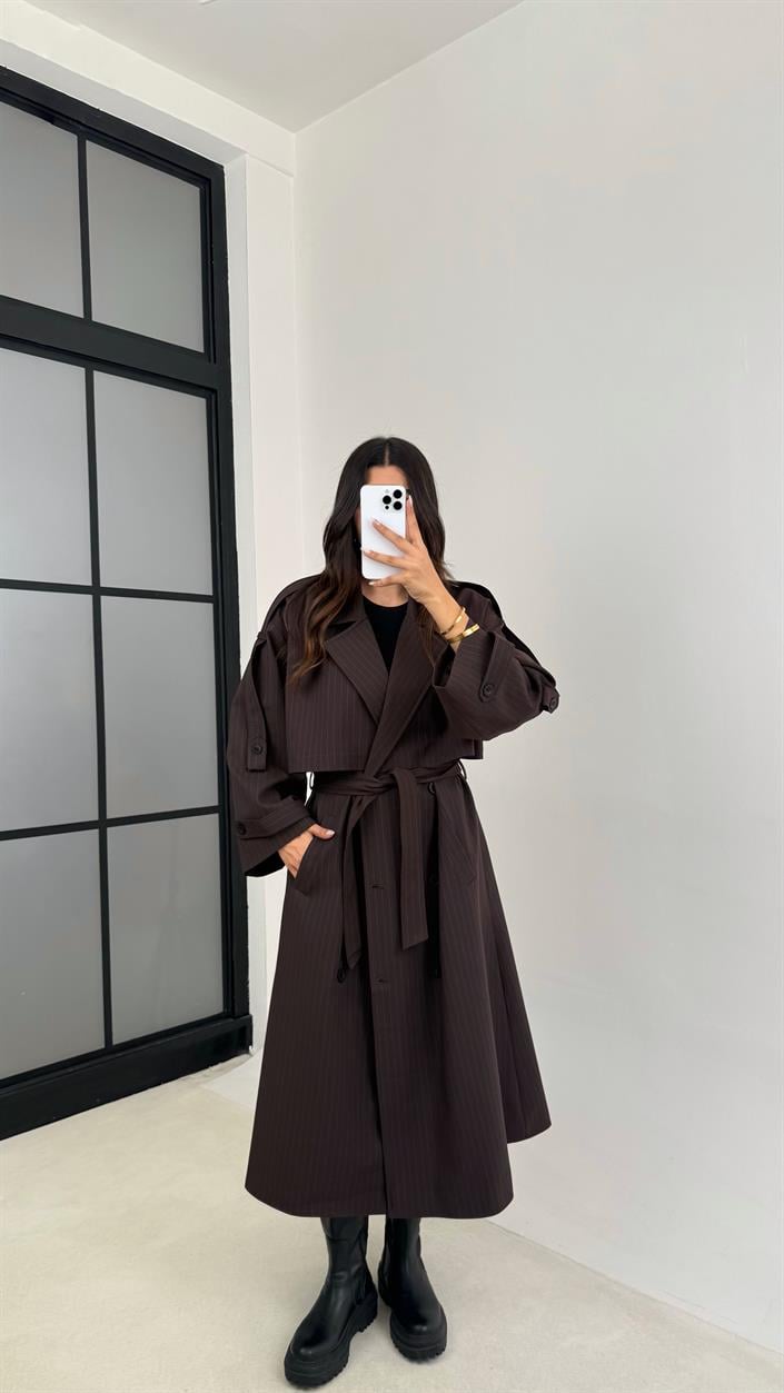 Kahve Mavi Çizgi Detaylı Kuşaklı Astarlı Premium Uzun Trençkot GAUS-00120