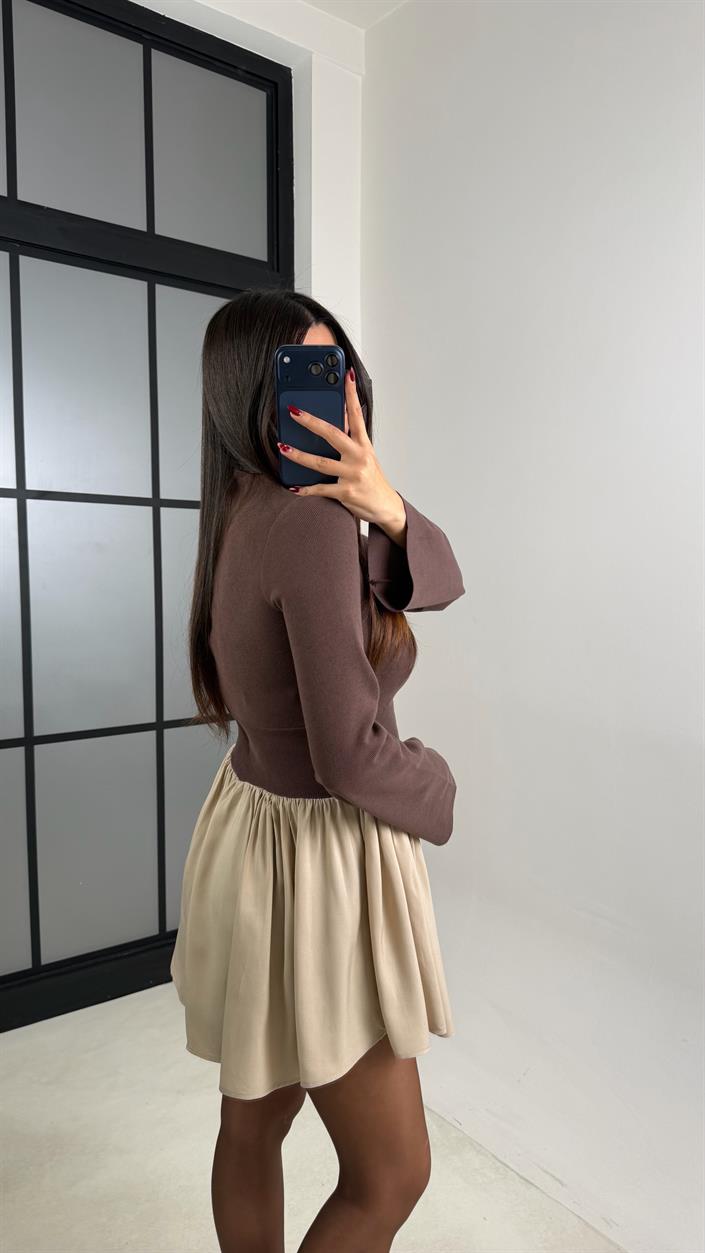 Kahve Zımba Detaylı Pileli Elbise GAUS-00734