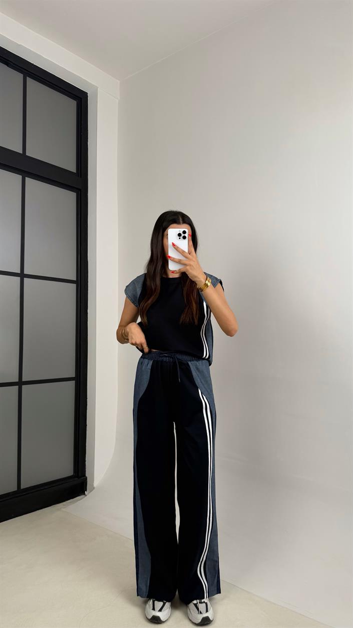 Siyah Denim Detaylı Şeritli İkili Takım GAUS-0050