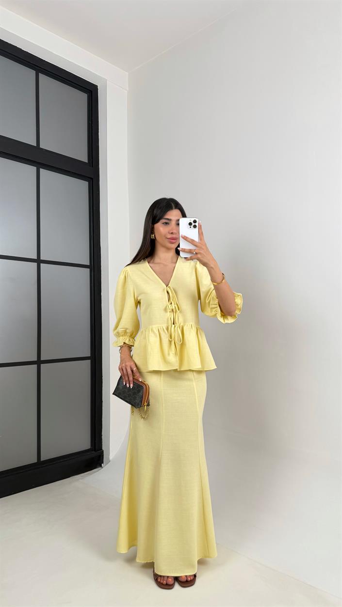 Sarı Önden Bağlama Detaylı Balon Kol Bluz Etek İkili Pinterest Keten Takım Gaus00570 