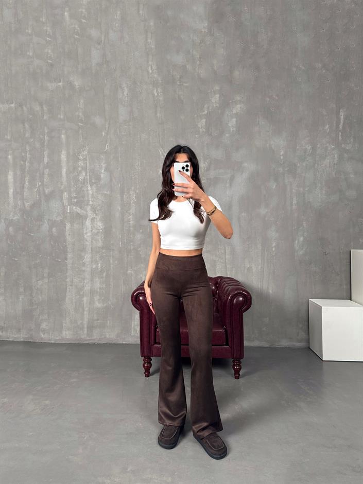 Vayole Acı Kahve Süet İspanyol Paça Pantolon