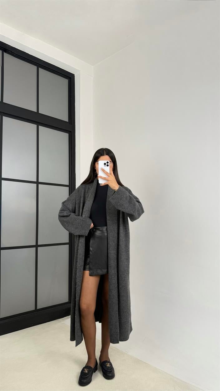 Antrasit Uzun Premium Triko Hırka GAUS-00116