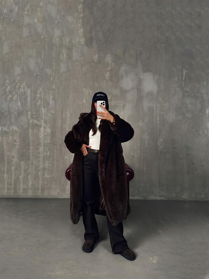 Wody Acı Kahve Astarlı Premium Kürk Kaban 