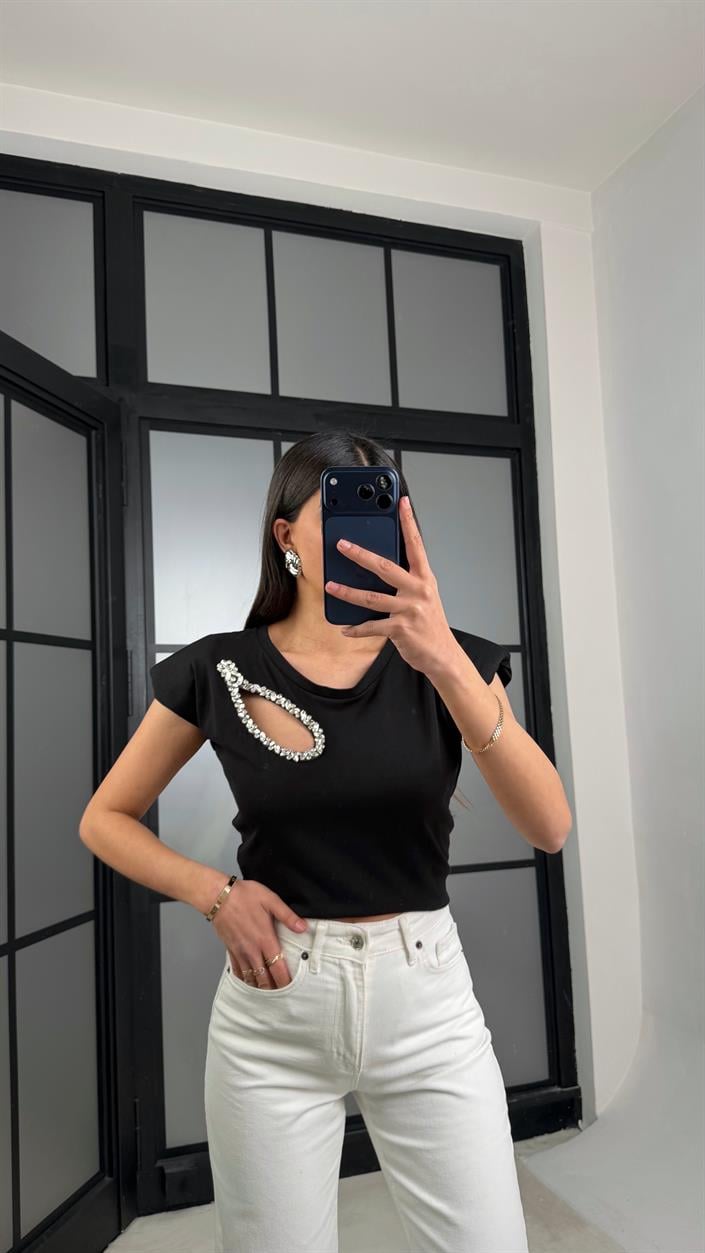 Siyah Vatkalı Taş Detaylı Muadil Bluz GAUS-01282