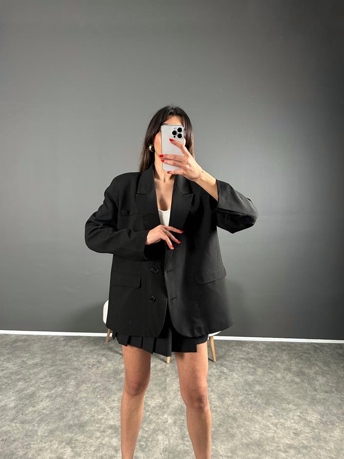 Siyah Sırt Baskılı Oversize Blazer Ceket