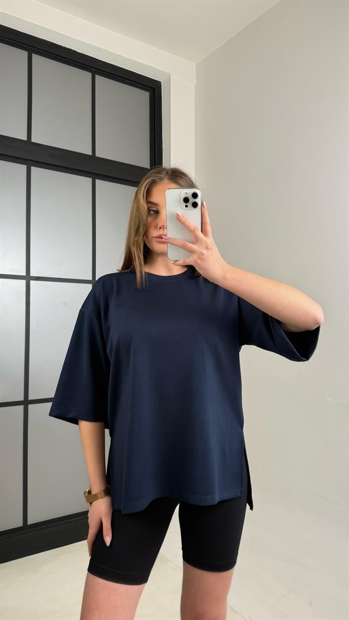 Lacivert Basic Yırtmaç Detaylı Modal Tshirt GAUS-01060