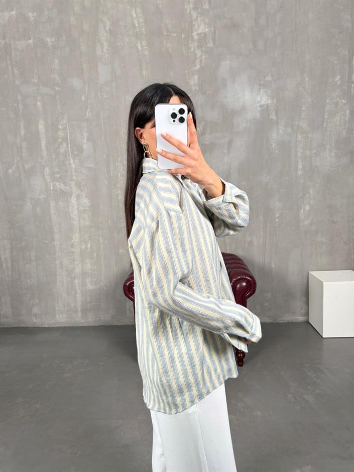 Patis Soft Sarı Çizgili V Yaka Oversize Gömlek