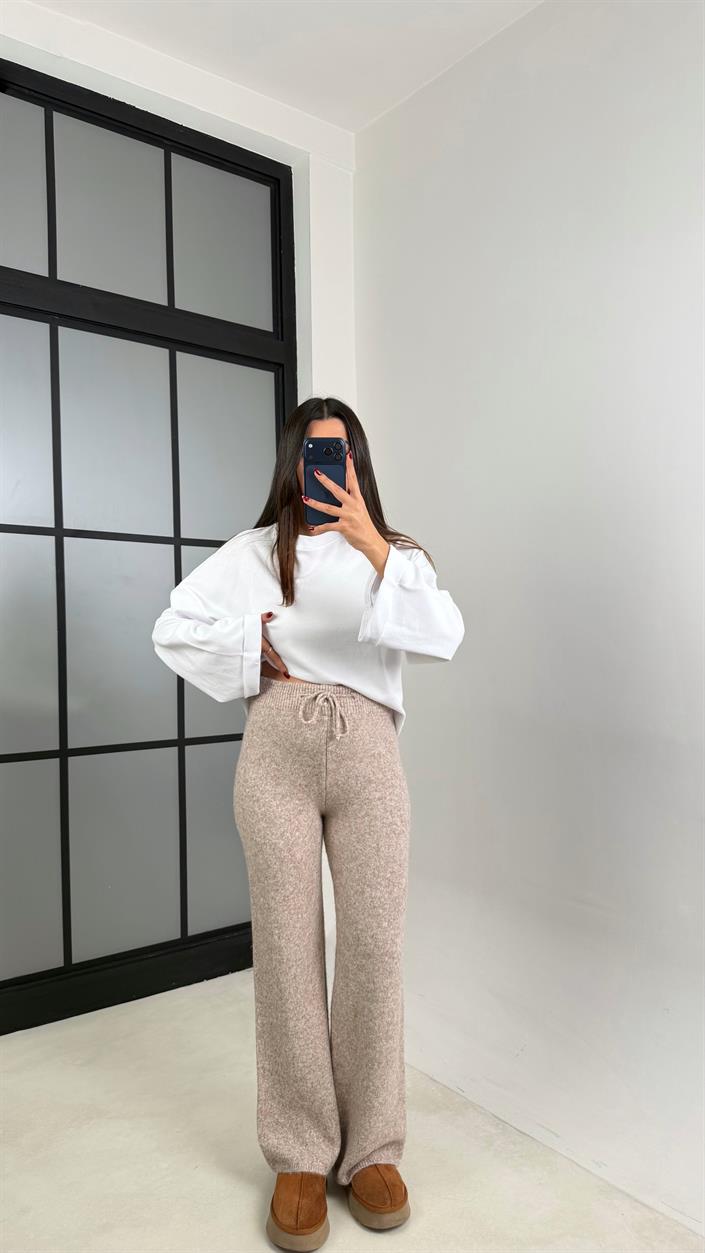 Bej Beli Lastikli Yumuşak Dokulu Triko Pantolon GAUS-00652