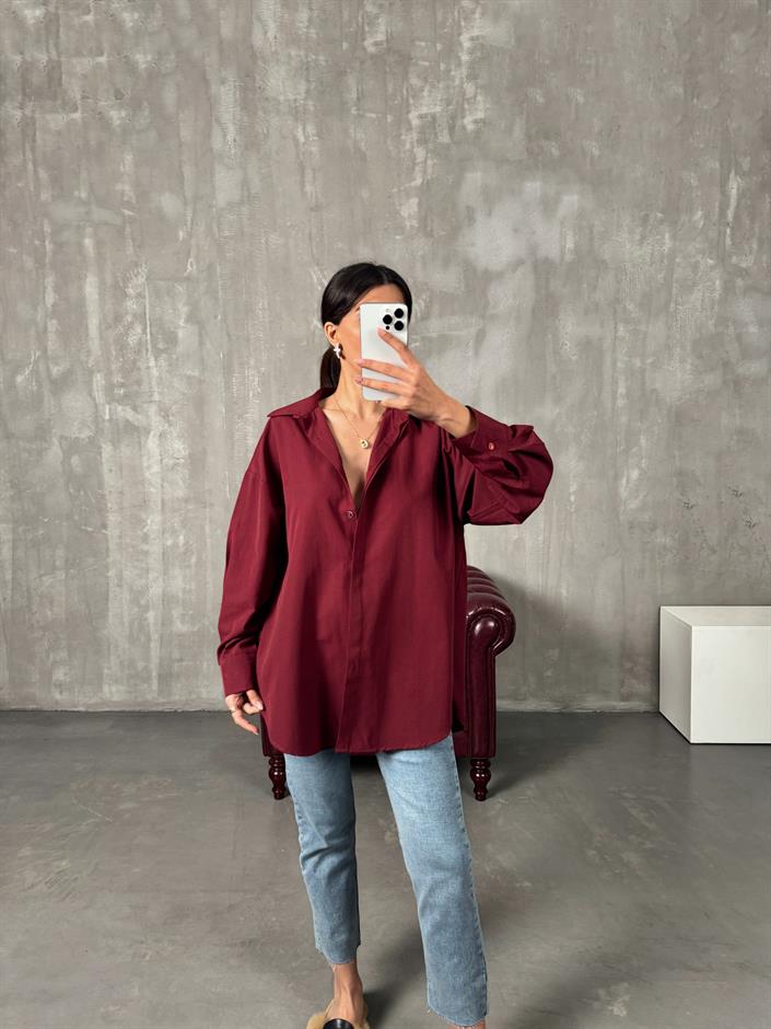 Rese Bordo Basic Gizli Düğmeli Oversize Gömlek