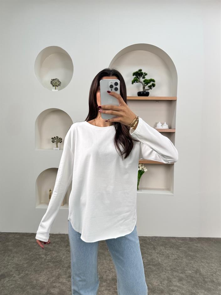 May Beyaz Bisiklet Yaka Uzun Kollu Penye Bluz